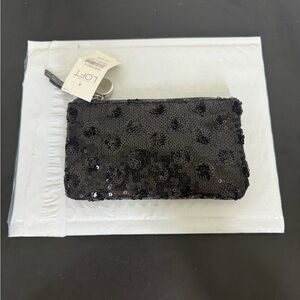 NWT - LOFT Black Sequin Wristlet Pouch with Key Ring - Metallic